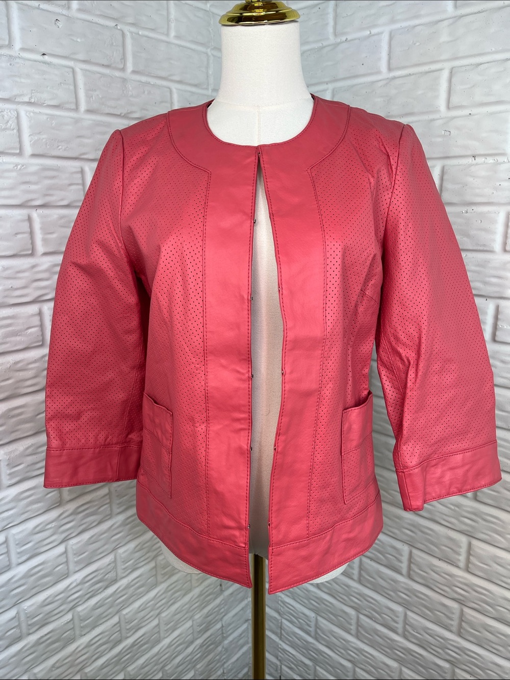 BRADLEY BY BRADLEY BAYOU PERFORATED GENUINE LEATHER LINED JACKET IN PINK SZ XS